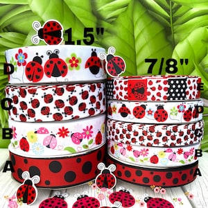 FOURNITURE D'ARTISANAT. Ruban gros grain coccinelle. Ruban pour cheveux de coccinelle. Ruban coccinelle. Noeud pour cheveux de coccinelle. Rubans insectes.