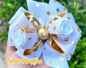 HANDMADE.white gold polka dots hair bow. White  gold hair bow. White and gold clip bow. Gold white  polka dots bow. Polka dots hair bow .