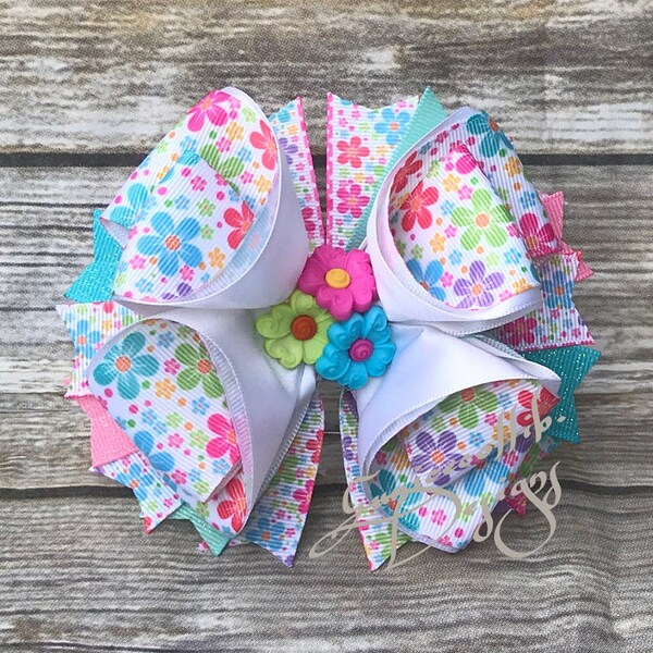 HANDMADE. Spring flowers hair bow. Spring colors hair bow. Easter hair bow. Flowers hair bow. Pastel colors hair bow .