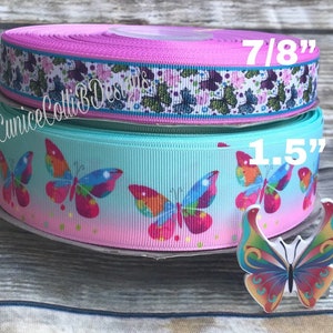 CRAFT SUPPLY 1.5&quot; , 7/8&quot; Butterfly grosgrain ribbon. Butterfly ribbon. Butterfly hair bow ribbon.