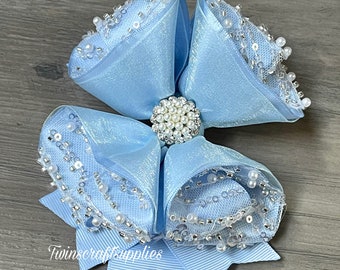 HANDMADE. Light blue pageant hair bow. Blue Wedding pageant hair bow. Blue  flowers girl hair bow. Blue beaded hair bow. Blue hair bow.