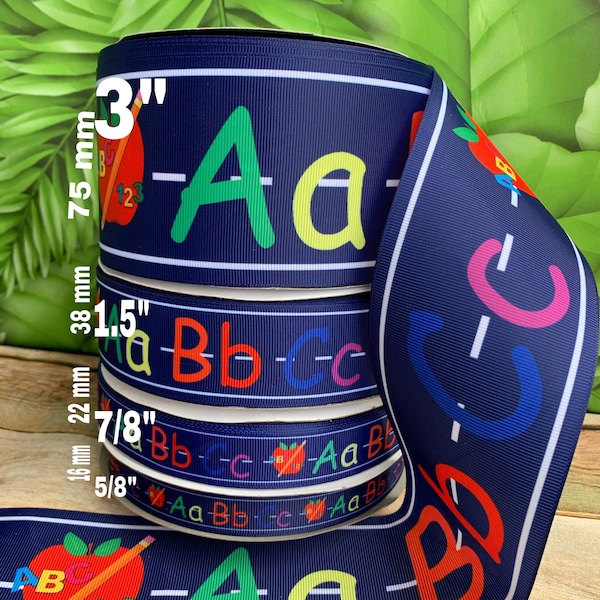 CRAFT SUPPLY. Colors ABC  on navy blue grosgrain ribbon. Navy blue school ribbon. abc ribbon. Back to school ribbon.