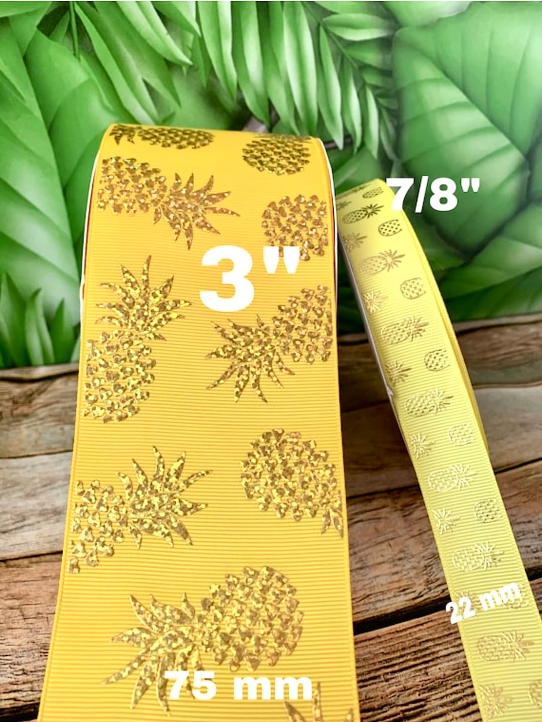 CRAFT SUPPLY. 3”, 7/8” Gold Foil Pineapple Ribbon. Pineapple Grosgrain ...