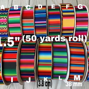 May include: A collection of 1.5 inch wide colorful striped ribbon rolls, each with a different pattern. The rolls are labeled with letters A through N. The text "1.5" (50 yards roll)" is visible in the center of the image.