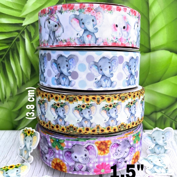 CRAFT SUPPLY 1.5” hair bow grosgrain ribbon. Elephant grosgrain ribbon. Elephant ribbon. Animals ribbon. Pink elephant ribbon.