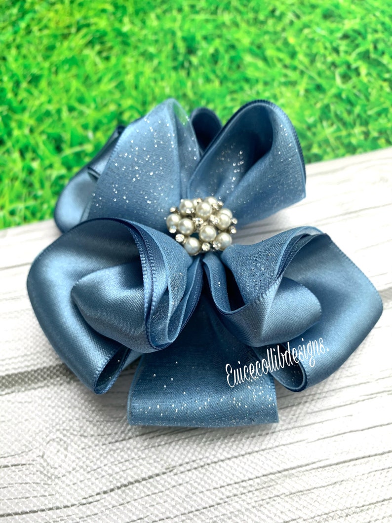 Blue hair bow. 3 twisted ribbons Ant blue organza and satin hair bow 4.5 Ant blue hair bow