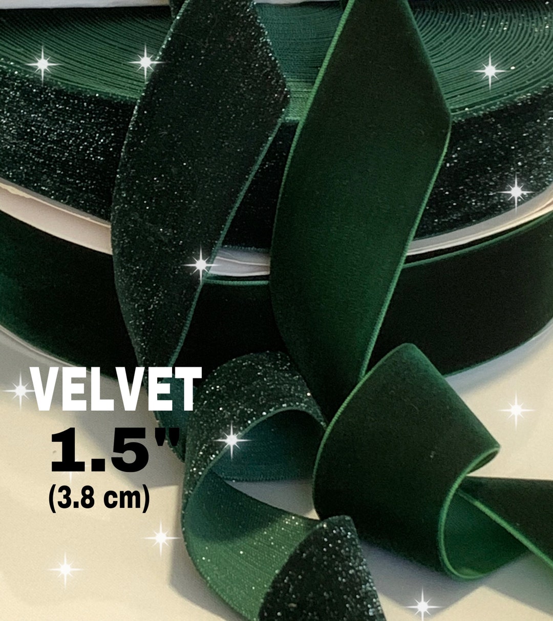 CRAFT SUPPLY.1.5 VELVET Hunter Green Velvet Ribbon. Green Glitter