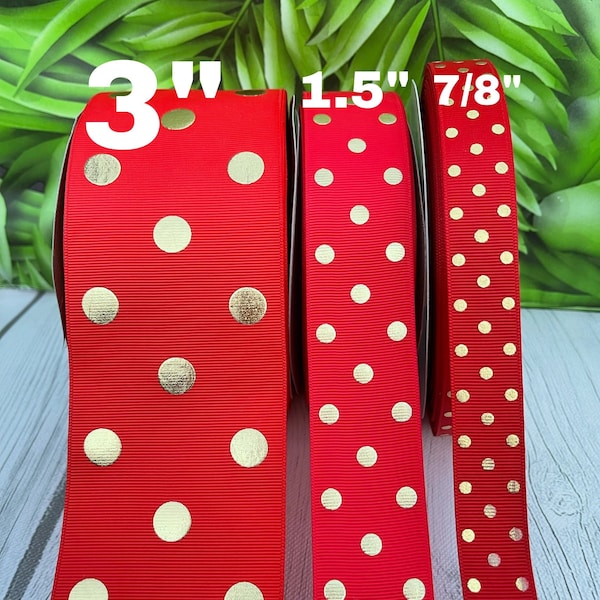 CRAFT SUPPLY Gold foil dots on red grosgrain ribbon. Gold polka dots on red ribbon. Gold dots ribbon. Gold Red ribbon . Red and gold ribbon.