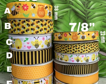 CRAFT SUPPLY 1.5” 7/8”Bumble bee grosgrain ribbon. Bees grosgrain ribbon. Bee ribbons. Bumble bee ribbon. Honeycomb ribbon.
