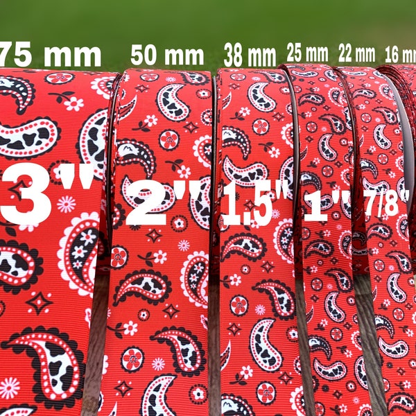 CRAFT SUPPLY Red bandana grosgrain ribbon. Red white bandana ribbon.  Rodeo ribbon. Cowboy ribbon. Cowgirl ribbon . Western ribbon.