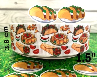 CRAFT SUPPLY. Tacos  grosgrain ribbon. Cinco de mayo ribbon. Mexico ribbon.