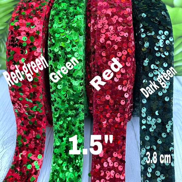 CRAFT SUPPLY. 1.5” sequin ribbon. Christmas sequin ribbon. Red sequin ribbon. Green sequin ribbon. Green-red sequin ribbon.