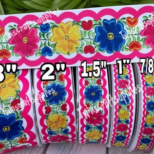 CRAFT SUPPLY . Ethnic printed flowers on  grosgrain ribbon. Ethnic Flowers ribbon. Flowers ribbon. Mexican flowers ribbon . Mexico ribbons.