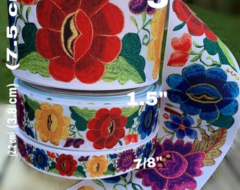 CRAFT SUPPLY . Ethnic printed flowers on  grosgrain ribbon. Flowers ribbon. Mexican flowers ribbon . Mexico ribbons.