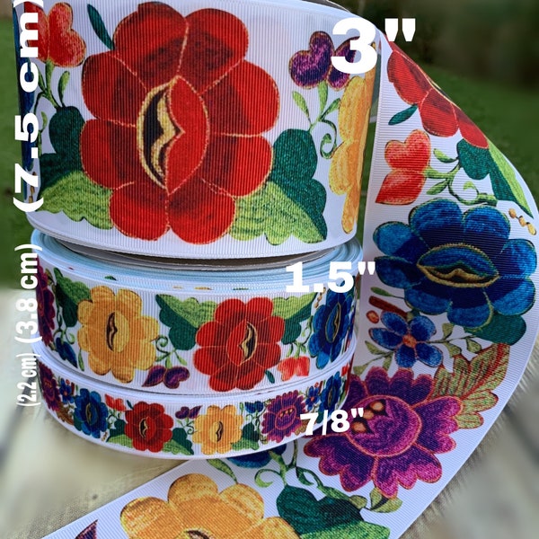 CRAFT SUPPLY . Ethnic printed flowers on  grosgrain ribbon. Flowers ribbon. Mexican flowers ribbon . Mexico ribbons.