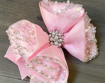 HANDMADE. Pink  pageant hair bow. . Pink  Wedding pageant hair bow. Pink flowers girl hair bow. Pink beaded hair bow . Pink  hair bow.