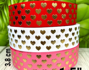 CRAFT SUPPLY.gold foil hearts on grosgrain ribbon.Pink gold ribbon. Hearts ribbons .Gold red ribbon.valentine ribbon. Valentines ribbons.