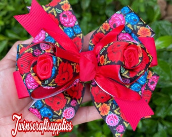 HANDMADE. Ethnic flowers  Hair bow. Red ethnic  flowers hair bow , Floral hair bow .