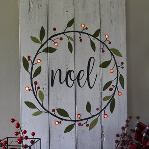 Noel Sign Lighted Christmas Sign Hand Painted Wood Sign Lighted Christmas Wreath Rustic Home Decor Mantle Decor Distressed Wood Gift image 1