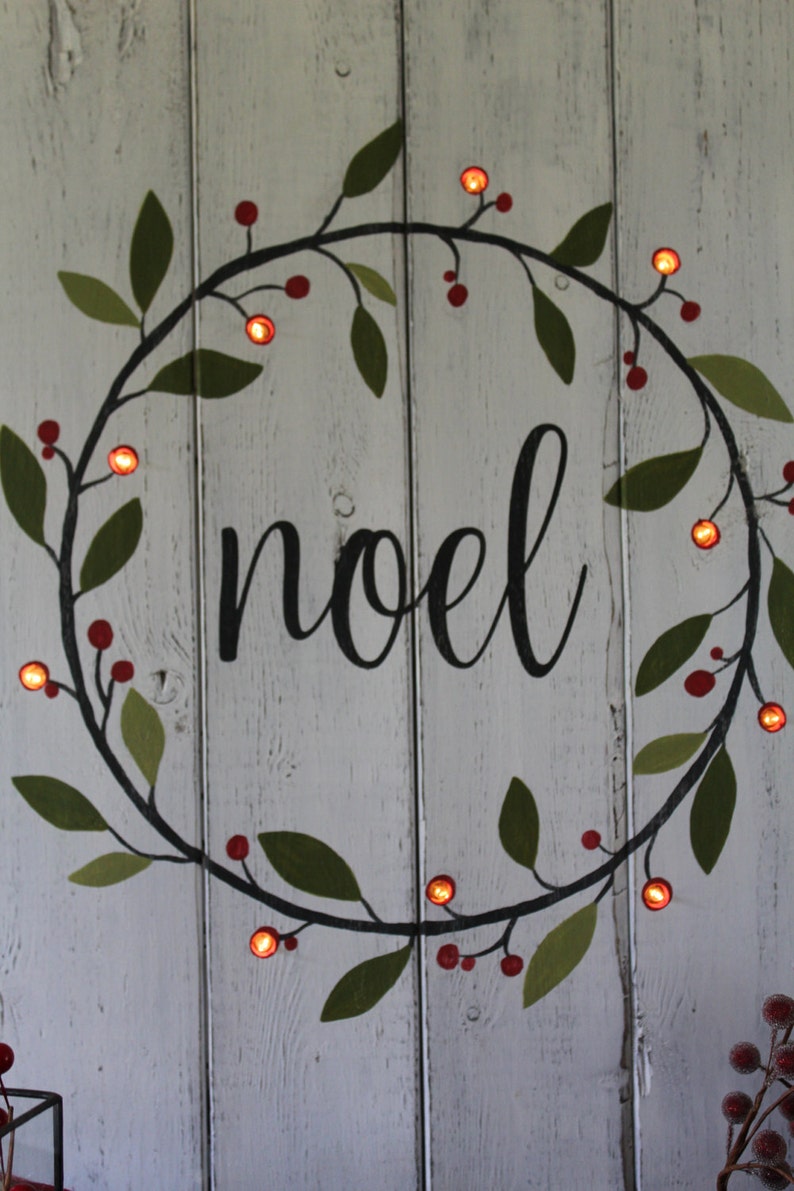 Noel Sign Lighted Christmas Sign Hand Painted Wood Sign Lighted Christmas Wreath Rustic Home Decor Mantle Decor Distressed Wood Gift image 4