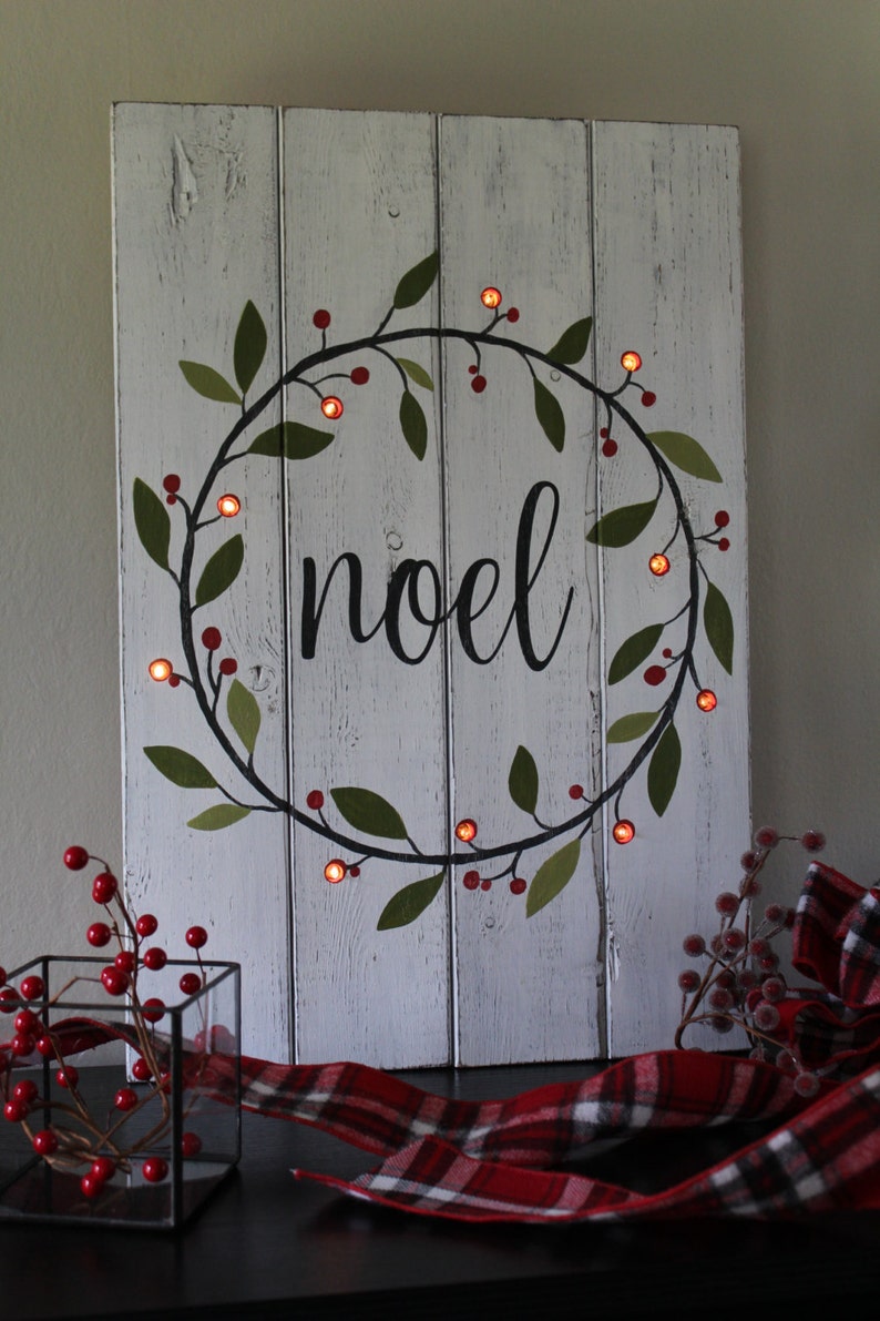 Noel Sign Lighted Christmas Sign Hand Painted Wood Sign Lighted Christmas Wreath Rustic Home Decor Mantle Decor Distressed Wood Gift image 1