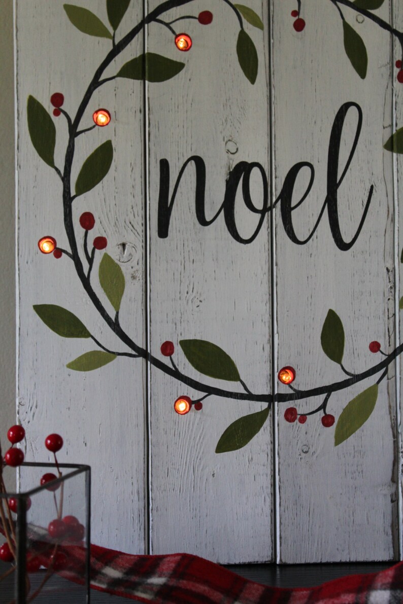 Noel Sign Lighted Christmas Sign Hand Painted Wood Sign Lighted Christmas Wreath Rustic Home Decor Mantle Decor Distressed Wood Gift image 3