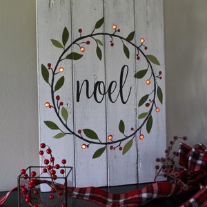 Noel Sign Lighted Christmas Sign Hand Painted Wood Sign Lighted Christmas Wreath Rustic Home Decor Mantle Decor Distressed Wood Gift image 2