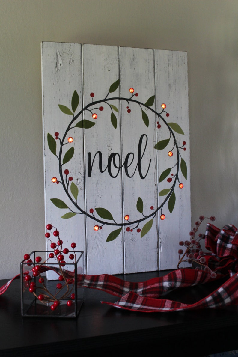 Noel Sign Lighted Christmas Sign Hand Painted Wood Sign Lighted Christmas Wreath Rustic Home Decor Mantle Decor Distressed Wood Gift image 2