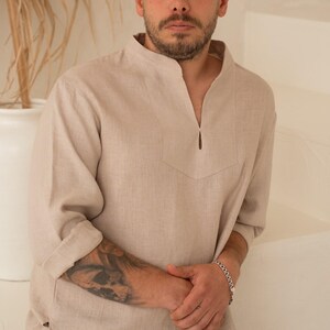 Camicia tradizionale in lino per uomo: manica 2/3 stonewashed, camicia per costumi, cosplay, stile medievale