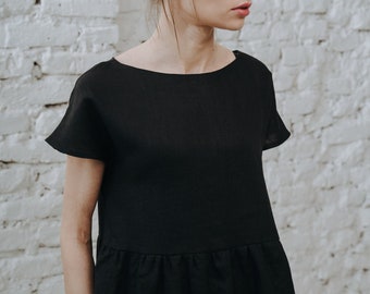 Black short sleeve linen dress GAUJA with pockets | Summer dress | Maternity dress oversized