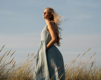 Linen Maxi Dress with Pockets: Bridesmaid, Wedding, Summer Bohemian Style