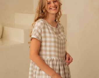 Luźna sukienka lniana w kratkę REINA z kieszeniami