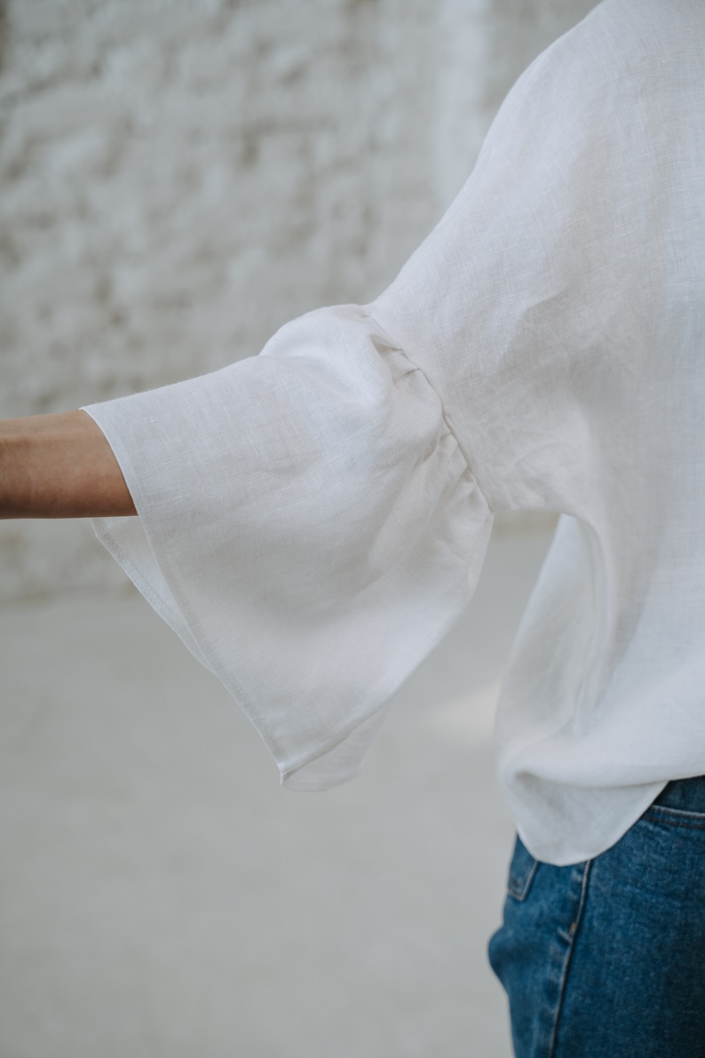 White linen blouse with butterfly sleeves stonewashed linen READY TO SHIP image 10