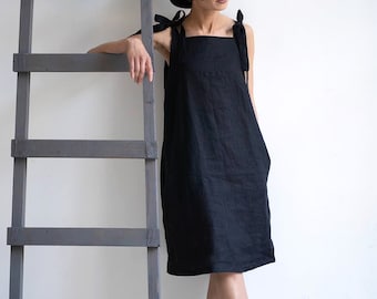 Linen dress 'MISA' with pockets | Stonewashed linen | Black summer dress