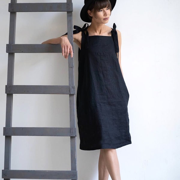 Linen dress 'MISA' with pockets | Stonewashed linen | Black summer dress