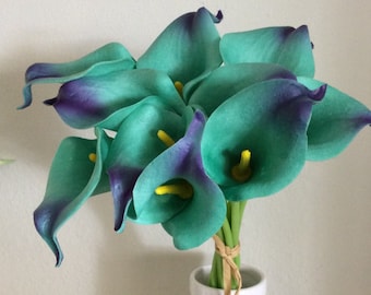 Real Touch Calla Lilies Aqua with Deep Purple Tips - Bunch of 10