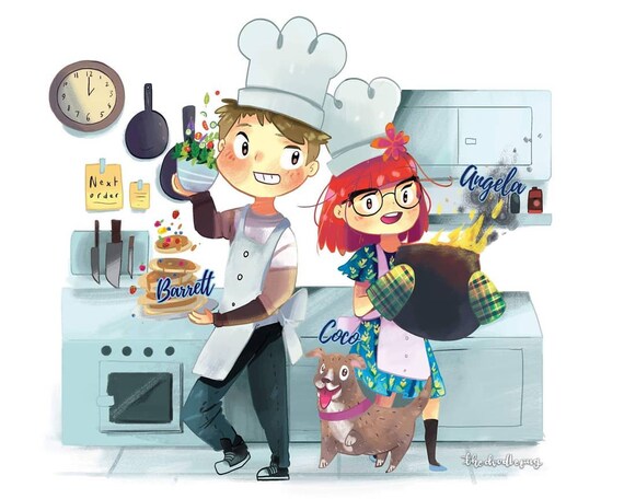 Anime Couple Portrait Funny Illustration Caricature With Dog Gift For Girlfriend Or Boyfriend Family And Pets