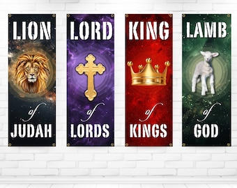 Set of 4 Church Banners, Sanctuary Banners, Mission Worship, Church Wall Vinyl Banner, Lion of Judah Lamb of God Lord of Lords King of Kings