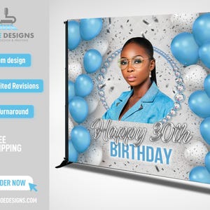 Custom Photo Birthday Backdrop, Birthday Party Decor, Personalized Event Banner, Silver Blue Backdrop, Themed Backdrop, Party Decoration