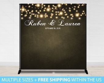 Step and Repeat, Wedding Photo Backdrop, Rustic Lights Step and Repeat, Wedding Backdrop, Bridal Shower Step and Repeat Rustic Wood Rustic