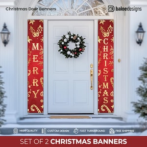 May include: Set of two red Christmas door banners with gold lettering. The banners read "Merry" and "Christmas".
