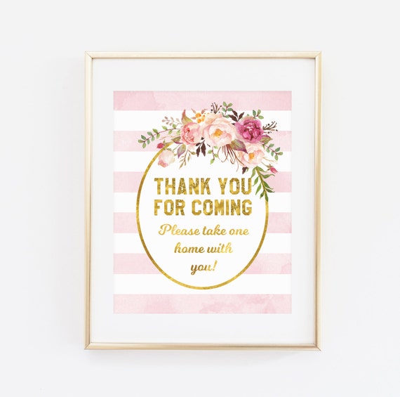 Printable Baby Shower Sign Thank You For Coming Please Take One Pink Party Favor Gold Fl Decorations