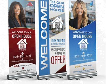 May include: Three retractable banner stands with blue and red backgrounds. Each banner features a photo of a person, a QR code, and the text "Welcome to our Open House". The banners also include the company name, phone number, website address, and contact information.