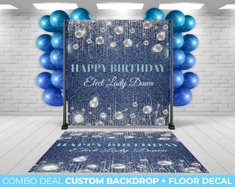 BACKDROP + FLOOR DECAL, custom backdrop and matching floor decal, Denim and Diamonds, Pearls Birthday Decor Party Decorations Denim Diamonds
