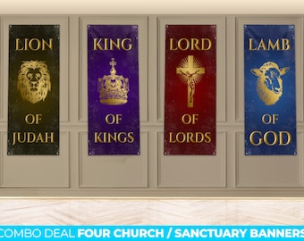 Set of 4 Church Banners, Sanctuary Banners, Mission Worship, Church Wall Vinyl Banner, Lion of Judah Lamb of God Lord of Lords King of Kings