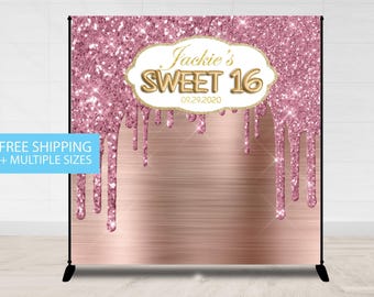 Sweet 16, Step and Repeat, 8X8 Photo Booth backdrop, Sweet 16 Banner, Prom backdrop, Birthday Backdrop, Printable Backdrop Glitter Pink 16