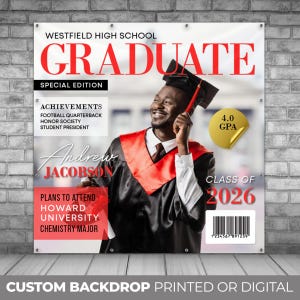 May include: A custom backdrop featuring a graduate in a cap and gown. The backdrop includes the text "GRADUATE", "Westfield High School", "Class of 2026", and the name "Andrew Jacobson". It also lists achievements and future plans.