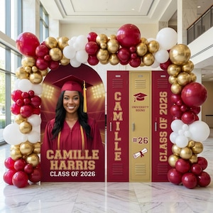 May include: A graduation celebration scene with a balloon arch in red, gold, and white. A large sign features a graduate in a maroon cap and gown, with the text "Camille Harris Class of 2026." Lockers with graduation-themed graphics are also visible.