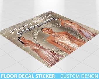 May include: Floor decal sticker with a gold glitter background and the text "Happy birthday Stephanie". The decal features three women wearing sparkly gold dresses.
