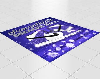 May include: Purple and white sneaker with glitter on a blue background with silver glitter and diamonds. The text "Samantha's Sneaker Ball" is on the background.